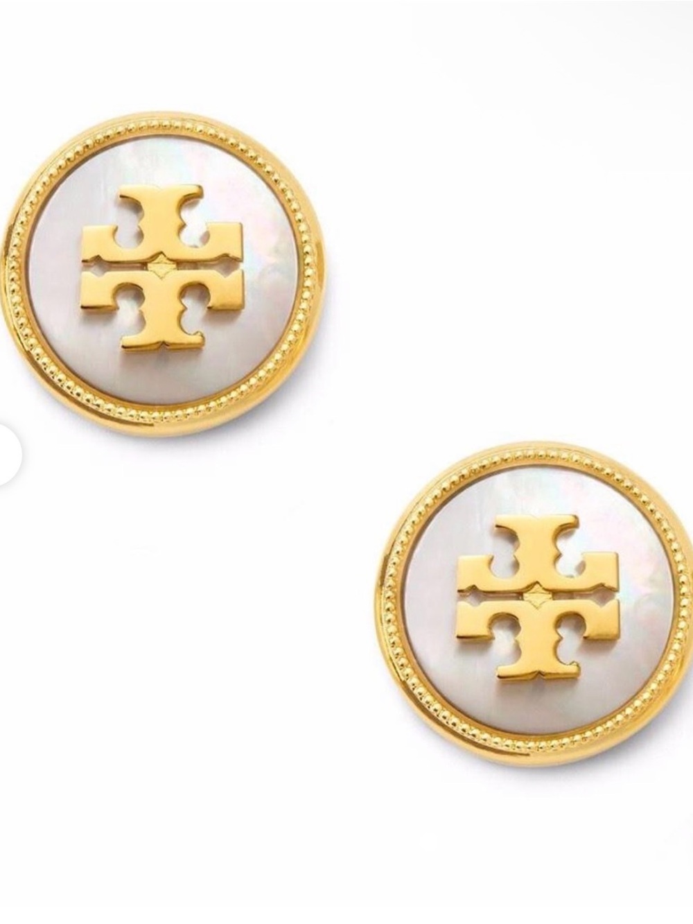 NWT Tory Burch Mother-of-Pearl Logo Stud Earrings - Gold Color